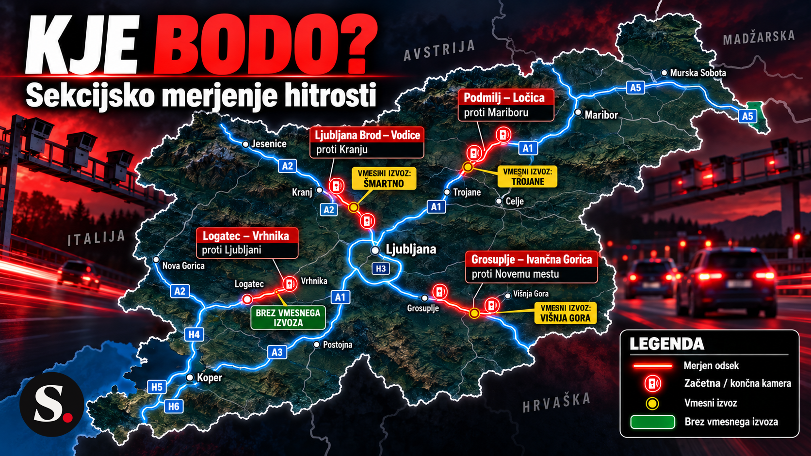 Štirje odseki sekcijskega merjenja hitrosti z vmesnimi izvozi, na katerih ni kamer.